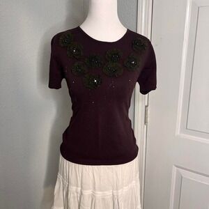 Vintage Floral Beaded‎ Blouse Size M
